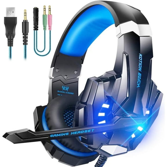 UHM Stereo Gaming Headset Wired for PS5 PS4 PC Xbox One Controller, Noise Cancelling Over Ear Headphones with Mic, LED Light, Bass Surround, Soft Memory Earmuffs,Blue