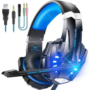 UHM Stereo Gaming Headset Wired for PS4 PS5 PC Xbox One Controller, Noise Cancelling Over Ear Headphones with Mic, LED Light, Bass Surround, Soft Memory Earmuffs,Blue