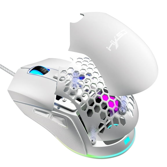 UHM Wired Gaming Mouse with Swap Honeycomb Shell,Adjustable 7200 DPI,6 Programmable Buttons,Lightweight Gaming Mice with 12 RGB Backlight for Windows PC Gaming and Office,White