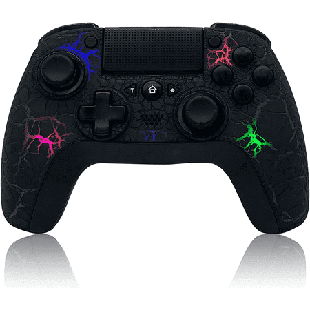 UHM Wireless Controller for P4,Wireless Remote Gamepad with Unique Cracked Design/8 Adjustable LED Colors/Programmable Back Buttons/Super Turbo/Gyro/Dual Vibration for P4/P3/PC,Black