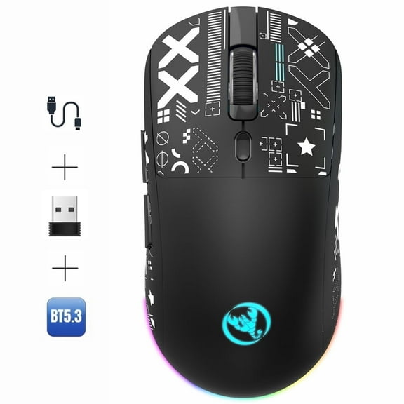 UHM Wirelss Gaming Mouse,Tri-Mode 2.4G/Bluetooth/USB-C Rechargeable Computer Mice with Silent,6 Macro Buttons,Ergonomic Design,Adjustable DPI,6 RGB LED Modes for PC/Mac/Laptop,Black