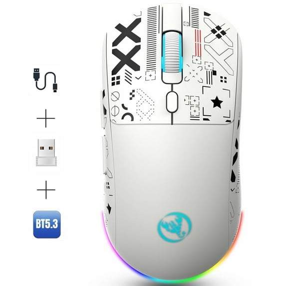 UHM Wirelss Gaming Mouse,Tri-Mode 2.4G/Bluetooth/USB-C Rechargeable Computer Mice with Silent,6 Macro Buttons,Ergonomic Design,Adjustable DPI,6 RGB LED Modes for PC/Mac/Laptop,White