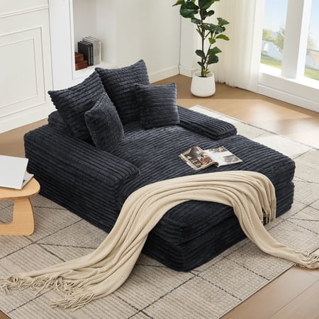 Oversized Chaise Lounge Sofa Bed, UHOMEPRO Corduroy Lounge Chair Indoor with Washable Pillows for Adult, No Assembly Required, Gray
