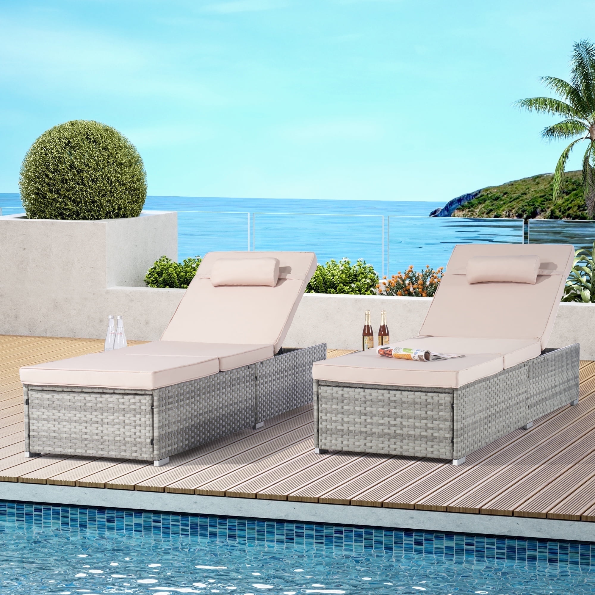 UHOMEPRO 2PCS Outdoor Chaise Lounge, Modern Patio Wicker Chaise Lounge ...