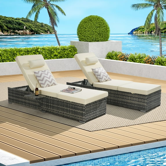 UHOMEPRO 2pcs Chaise Lounge Chair, Modern Rattan Wicker Outdoor Chaise Lounge Set for Patio Poolside Garden, All-Weather Recliner for Beach w/Cushion, Pillow, Back Adjustable, Steel Frame, Beige