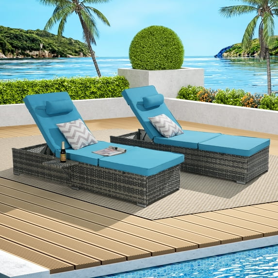 UHOMEPRO 2pcs Chaise Lounge Chair, Modern Rattan Wicker Outdoor Chaise Lounge Set for Patio Poolside Garden, All-Weather Recliner for Beach w/Cushion, Pillow, Back Adjustable, Steel Frame, Light Blue
