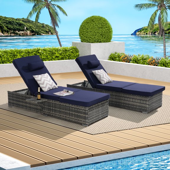 UHOMEPRO 2pcs Chaise Lounge Chair, Modern Rattan Wicker Outdoor Chaise Lounge Set for Patio Poolside Garden, All-Weather Recliner for Beach w/Cushion, Pillow, Back Adjustable, Steel Frame, Dark Blue
