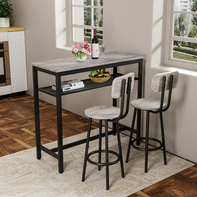 UHOMEPRO 3 Piece Counter Height Table Set, Modern Bar Table and Chair Set with Storage Rack, Wooden Kitchen Table Set of 3, Wood Top Pub Table & Chair Set for Kitchen Apartment Bistro, Gray+Black