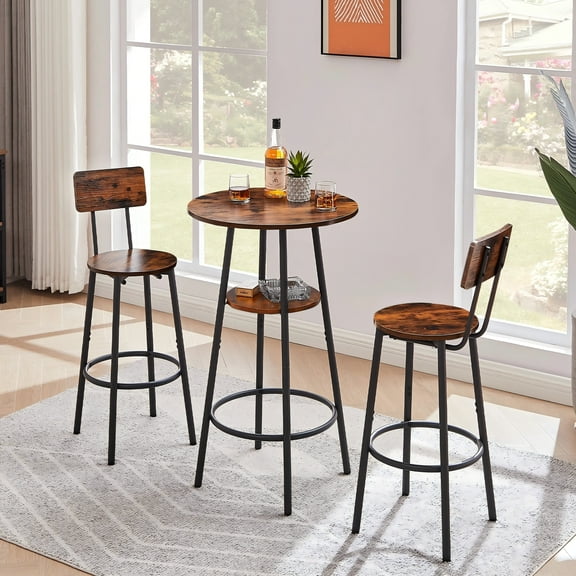 UHOMEPRO 3 Pieces Bar Table Set, Modern Counter Height Kitchen Table and Chairs for 2, Wood Pub Bar Table Set Perfect Breakfast Nook, Small Space Living Room, Rustic Brown
