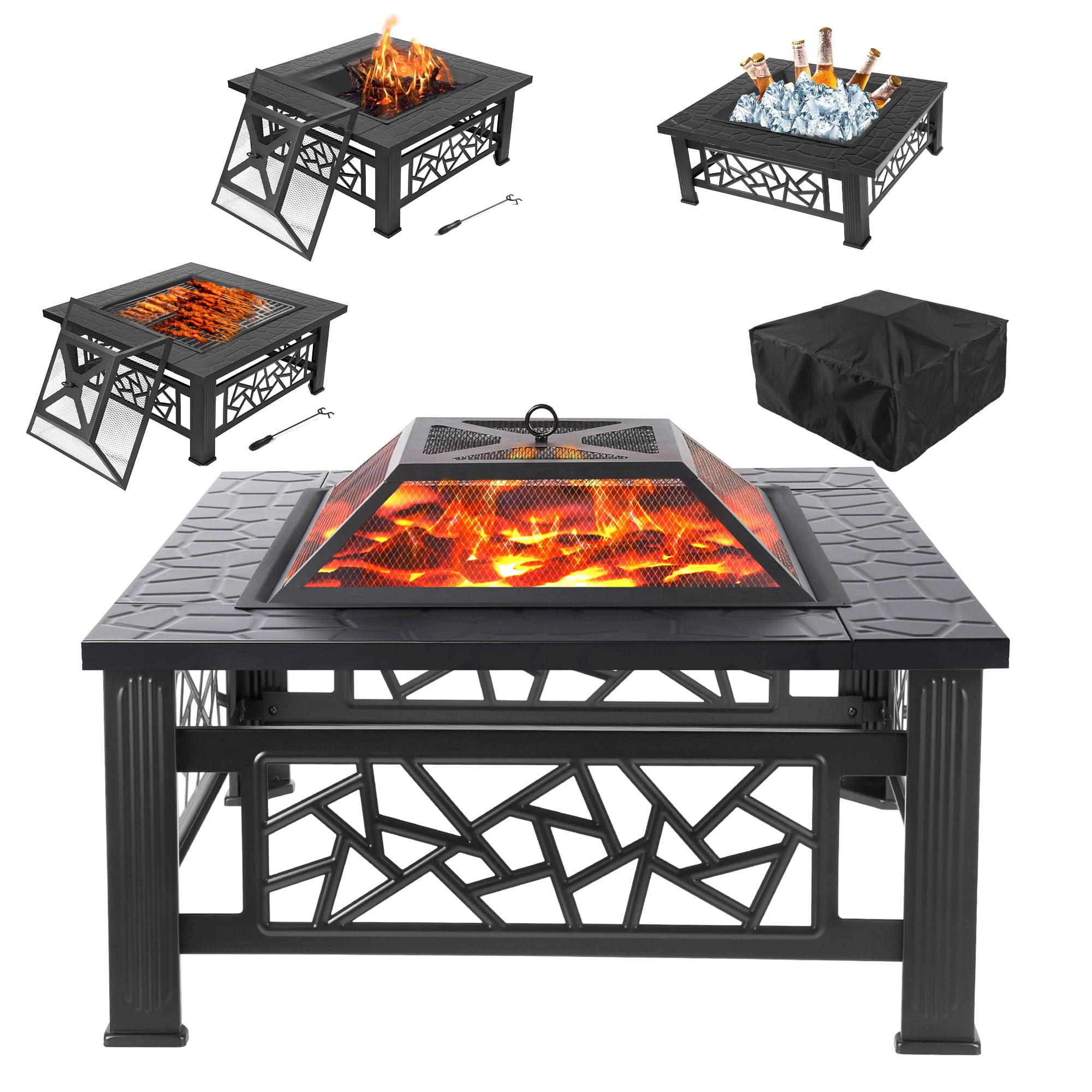 UHOMEPRO Fire Pit for Outside, 32" Square Fire Pit Table with BBQ Net, Mesh Lid, Poker and Cover, Wood Burning Outdoor Heating Fire Pit Stove for Patio, Backyard, Camping, Black