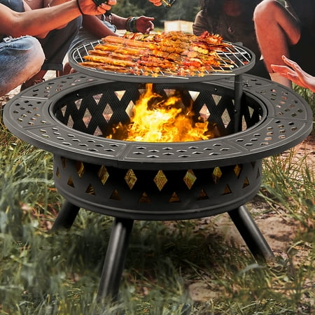 UHOMEPRO 38" Fire Pit, Outdoor Wood Burning Grill Fire Pit Bowl with Grill, Outdoor Fireplace, Metal Fire Pit for Backyard, Porch, Deck, Camping, BBQ, Black