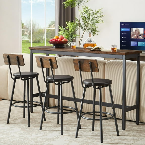UHOMEPRO Counter Height Bar Table Set, 4 Piece Pub Table Set with 3 PU Leather Chairs, Farmhouse Dining Table Set for 3, Wood Kitchen Table and Chairs Set for Kitchen Breakfast, Rustic Brown