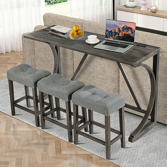 UHOMEPRO 4-Piece Counter Height Bar Table Set, Wooden Dining Table Set with 3 Charging Station, Kitchen Table Set for 3, High Top Pub Table and Chairs Set for Kitchen Dining Room, Gray