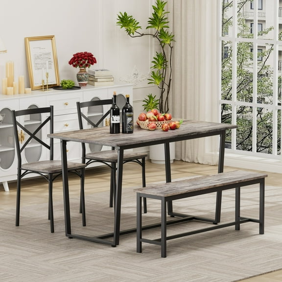UHOMEPRO 4 Piece Dining Table Set, Wooden Dining Room Set for 4 with 2 Chairs with Backrest and Bench, Modern Kitchen Table Set with Curved Corner Design for Dining Room Kitchen, Gray&Black