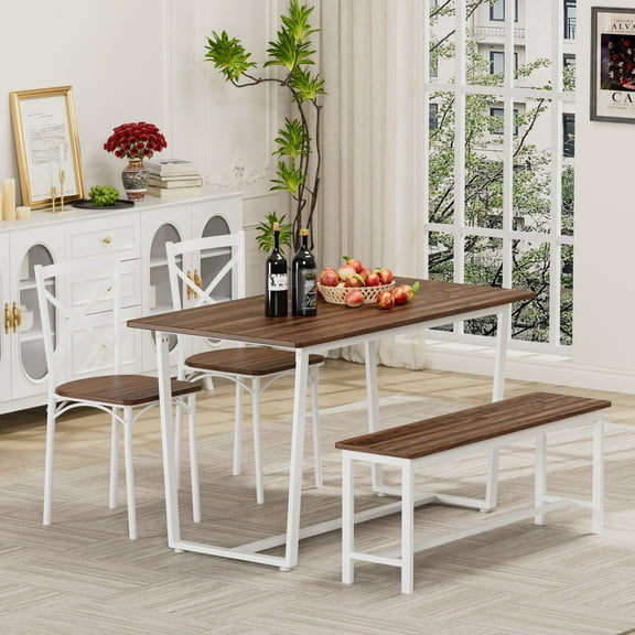 UHOMEPRO 4 Piece Dining Table Set, Wooden Dining Room Set for 4 with 2 Chairs with Backrest and Bench, Modern Kitchen Table Set with Curved Corner Design for Dining Room Kitchen, Brown&White