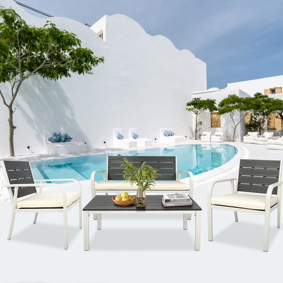 UHOMEPRO 4 Piece Outdoor Patio Dining Sets Metal Furniture Conversation Sets with Table and Chairs/ Cushions, for Yard Garden (White)