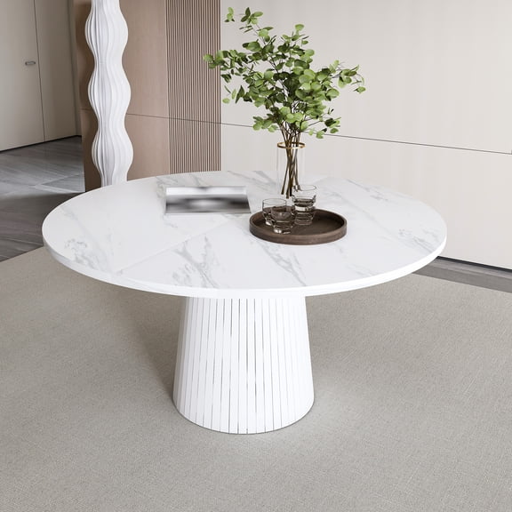 UHOMEPRO 47.2" Round Dining Table for 4, Wooden Round Kitchen Table with 1.18in Thick Tabletop and Wood Strip Base, Farmhouse Circle Dining Table for Kitchen Dining Room, White(Only Table)