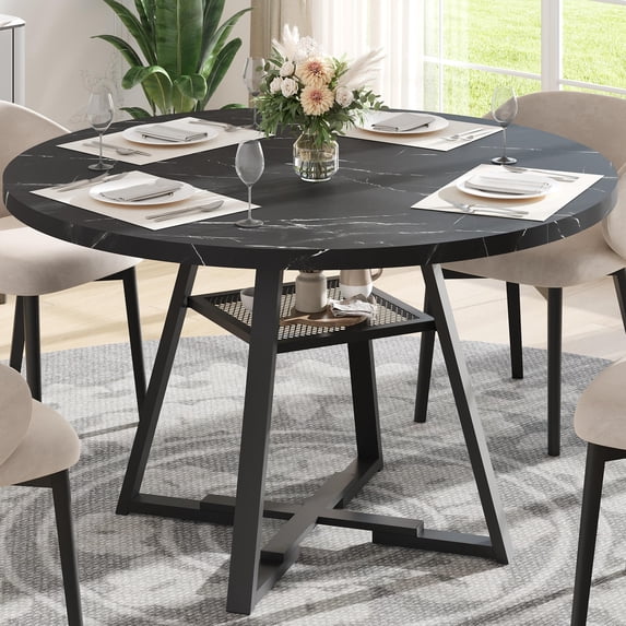 UHOMEPRO Round Kitchen Table for 4, Faux Marble Dining Table with Storage Shelf, Modern High Glossy Dining Room Table with Sturdy Cross-Shaped Base Support (Only Table), Black
