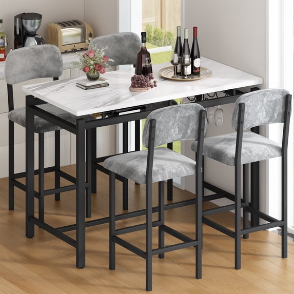 UHOMEPRO Bar Table Set for 4, Modern Counter Height Dining Set, Rectangle Dining Room Table with 4 Velvet Chairs, Compact Kitchen Table Set for Home Breakfast Nook, Gray