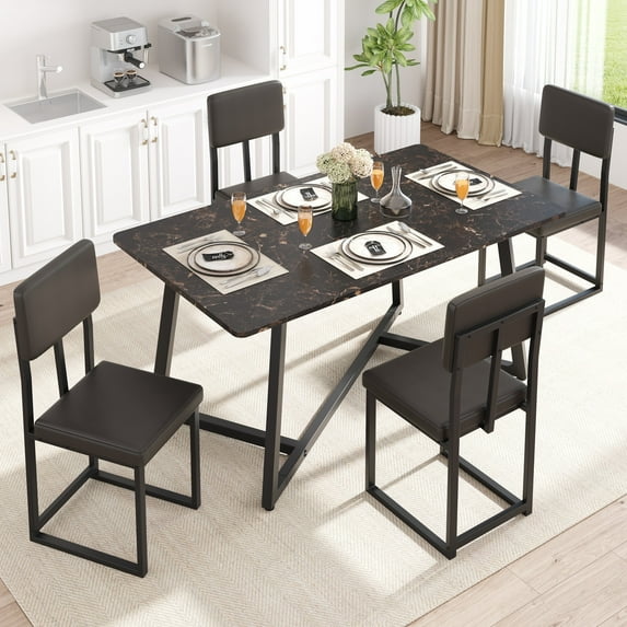 UHOMEPRO 5 Piece Dining Room Set, Modern Dining Table Set with Faux Marble Tabletop and 4 Leatherette Upholstered Chairs for 4 Persons, Rectangle Kitchen Table Set Dining Set for Dining Room, Brown