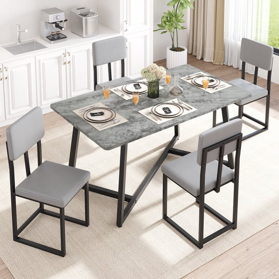 UHOMEPRO 5 Piece Dining Room Set, Modern Dining Table Set with Faux Marble Tabletop and 4 Leatherette Upholstered Chairs for 4 Persons, Rectangle Kitchen Table Set Dining Set for Dining Room, Gray