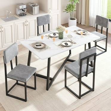 UHOMEPRO Dining Table Set for 4, 5 Piece Dining Room Table Set with Faux Marble Tabletop and 4 Leatherette Upholstered Chairs, Modern Kitchen Table Set Dining Set for Dining Room, White+Gray