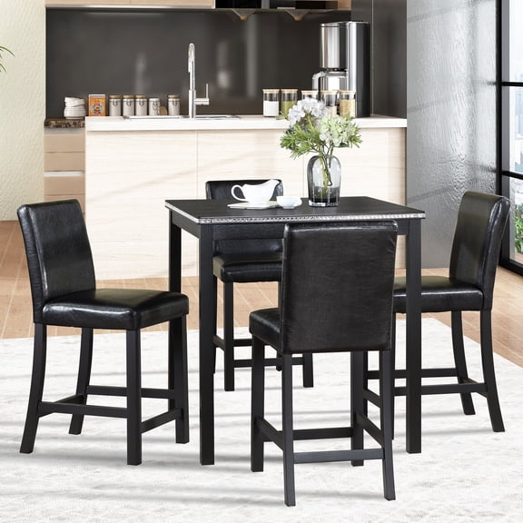 UHOMEPRO 5 Piece Dining Room Set, Rectangle Counter Height Dining Table with 4 Upholstered Chairs and Crystal Decoration for Bar Dining Room Nook, Modern Kitchen Table Set for 4 Persons, Black