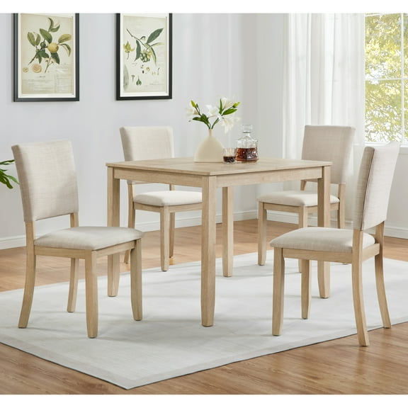 UHOMEPRO 5 Piece Dining Room Table Set, Wooden Dining Table Set with 4 Linen Fabric Upholstered Chairs, Modern Dinette Sets for 4, Kitchen Table Set for Breakfast Nook, Small Places, Oak+Beige