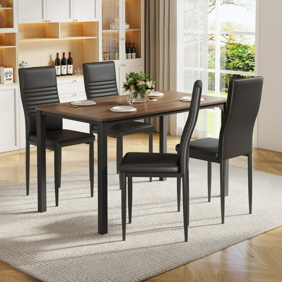 UHOMEPRO 5 Piece Dining Table Set with 4 Padded Faux Leather Chairs, Modern Rectangle Kitchen Table Set for 4, Compact Dining Room Table and Chair Set for Kitchen Dining Room Small Space, Brown+Black