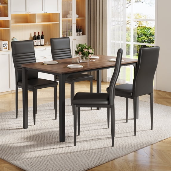 UHOMEPRO 5 Piece Dining Table Set with 4 Padded Faux Leather Chairs, Modern Rectangle Kitchen Table Set for 4, Compact Dining Room Table and Chair Set for Apartment Small Space, Brown+Black