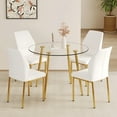 thumbnail image 1 of UHOMEPRO 5 Piece Dining Table Set, Kitchen Table with 4 PU Leather Chairs, Modern Tempered Glass Dining Table and Chairs Set for 4, Dining Room Set with Metal Gold Legs for Dining Room, White, 1 of 9