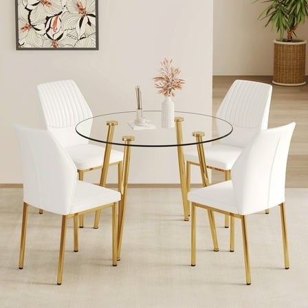 UHOMEPRO 5 Piece Dining Table Set, Kitchen Table with 4 PU Leather Chairs, Modern Tempered Glass Dining Table and Chairs Set for 4, Dining Room Set with Metal Gold Legs for Dining Room, White