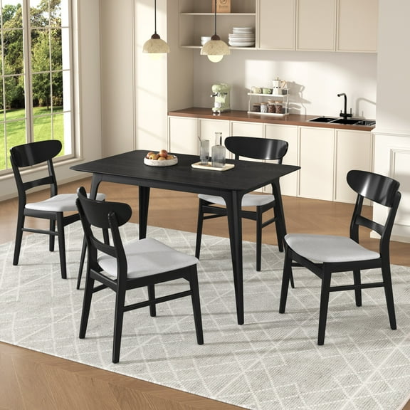 UHOMEPRO 5 Piece Dining Table Set, Modern Rubber Wood Kitchen Table with 4 Upholstered Chairs, Rectangle Dining Room Set for Bar Dining Room Breakfast Nook, Dining Set for 4, Black+Light Gray