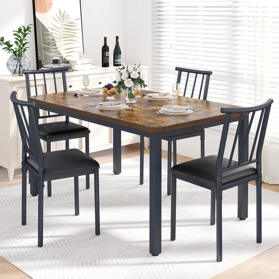 UHOMEPRO 5 Piece Dining Table Set, Rectangular Dining Table with Wood Top and 4 Black Faux Leather Upholstery Chairs, Dining Room Set for 4, Dining Table Set for Living Room and Kitchen, Black