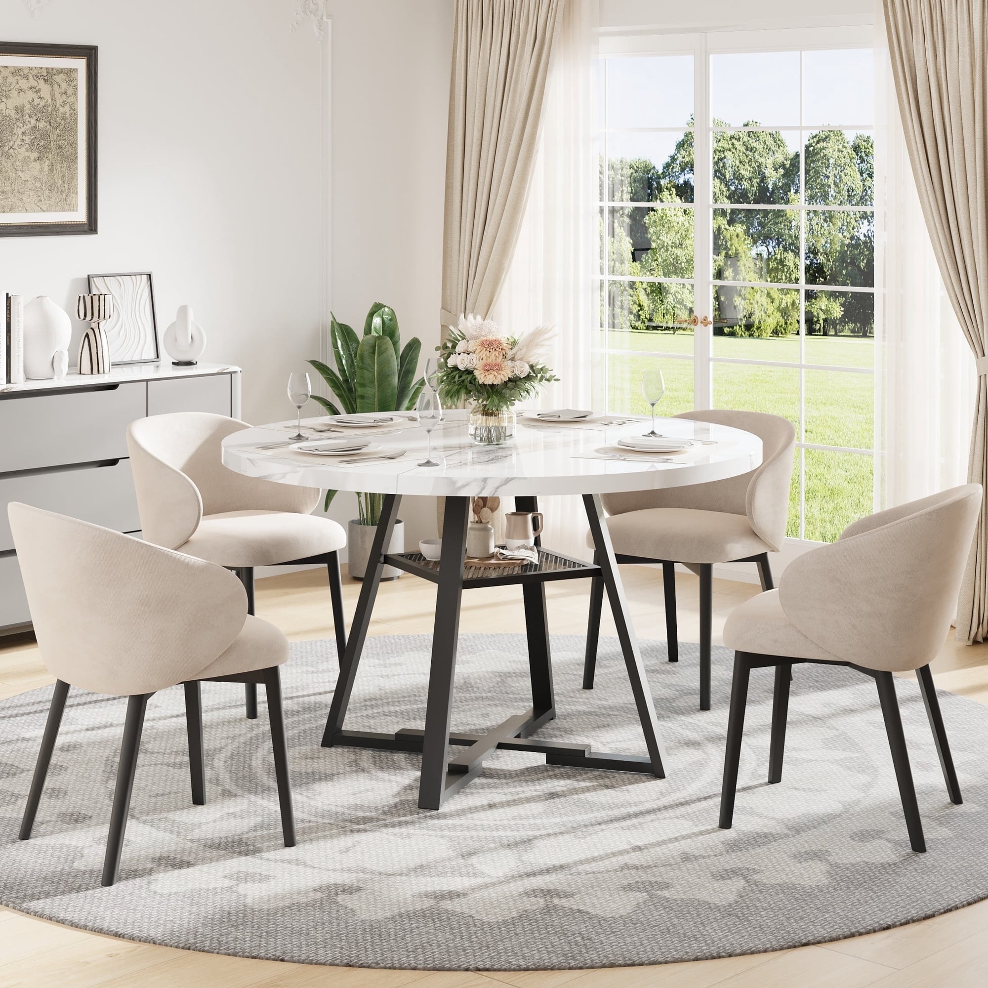 UHOMEPRO 43" Round Dining Table for 4, Faux Marble Kitchen Table with Storage Shelves, Modern High Glossy Dining Table with Sturdy Cross-Shaped Base Support for Home(Only Table), White