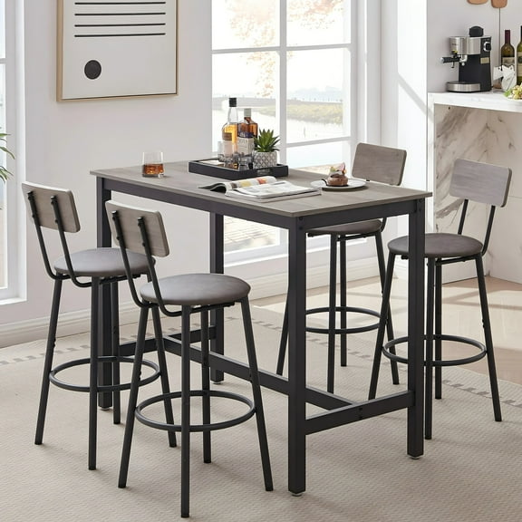UHOMEPRO 5 Pieces Dining Table Set, Modern Counter Height Table with 4 PU Leather Bar Stools, Wood Bar Table and Chairs Set, Pub Table Dining Room Table Set for Kitchen, Breakfast Nook, Walnut