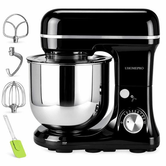 UHOMEPRO 3-in-1 Stand Mixer, 5QT Tilt-Head 10-Speed Electric Stand Mixer, Stainless Steel Bowl, Dough Hook, Flat Beater and Wire Whisk for Baking, Black