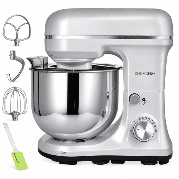 UHOMEPRO 3-in-1 Stand Mixer, 5QT Tilt-Head 10-Speed Electric Stand Mixer, Stainless Steel Bowl, Dough Hook, Flat Beater and Wire Whisk for Baking, Silver