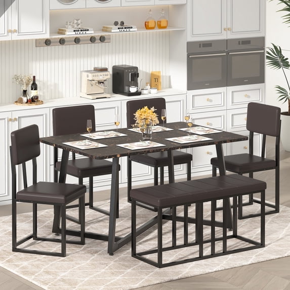UHOMEPRO Dining Table Set for 6, Dining Room Set with Chairs and Bench, Modern Kitchen Table Set with Metal Frame for Dining Room, Kitchen and Apartment,Brown