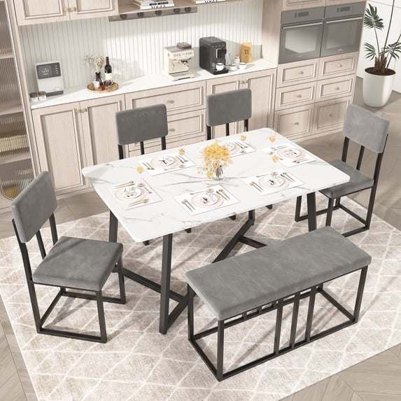 UHOMEPRO Dining Table Set for 6, Dining Room Set with Chairs and Bench, Modern Kitchen Table Set with Metal Frame for Dining Room, Kitchen and Apartment, White+Gray