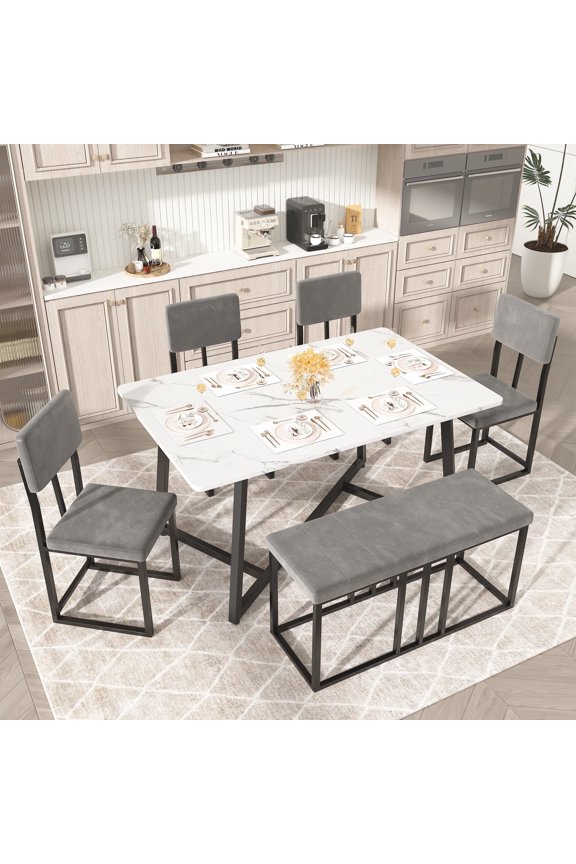 Dining Table Set for 6, Dining Room Set with Chairs and Bench, Modern Kitchen Table Set with Metal Frame for Dining Room, Kitchen and Apartment, White+Gray