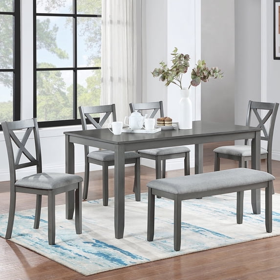 UHOMEPRO 6 Piece Dining Table Set with Bench and Chairs, Dining Room Set for 6, Rectangular Wooden Dining Table with 4 Upholstered Chairs and Bench, Dining Room Set for Kitchen, Gray B