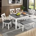 thumbnail image 1 of UHOMEPRO 6 Piece Dining Table Set with Bench and Chairs, Dining Room Set for 6, Rectangular Wooden Dining Table with 4 Upholstered Chairs and Bench, Dining Room Set for Kitchen, White+Gray, 1 of 13