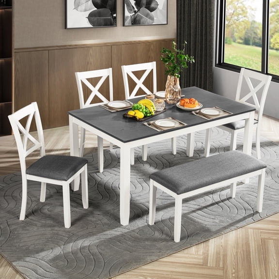 UHOMEPRO 6 Piece Dining Table Set with Bench and Chairs, Dining Room Set for 6, Rectangular Wooden Dining Table with 4 Upholstered Chairs and Bench, Dining Room Set for Kitchen, White+Gray