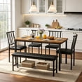 thumbnail image 1 of UHOMEPRO 6 Piece Dining Table Set for 4-6, Space Saving Kitchen Table Set with Bench and Storage Racks, PU Chairs, Metal Frame Dining Room Set for Apartment, Breakfast Nook - Brown and Black, 1 of 7