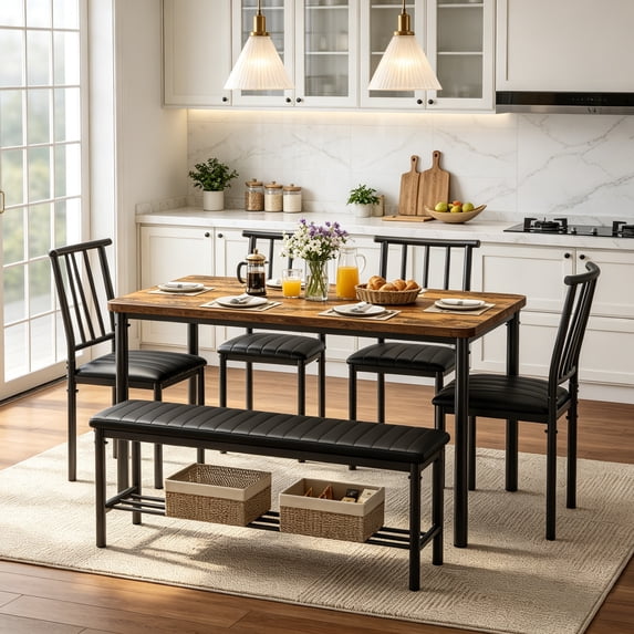 UHOMEPRO 6 Piece Dining Table Set for 4-6, Space Saving Kitchen Table Set with Bench and Storage Racks, PU Chairs, Metal Frame Dining Room Set for Apartment, Breakfast Nook - Brown and Black