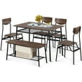 thumbnail image 1 of UHOMEPRO 6-Piece Modern Dining Set for Home, Kitchen, Dining Room w/ Storage Rack, Rectangular Table, Bench, 4 Wooden Chairs, Steel Frame - Brown and Black, 1 of 11