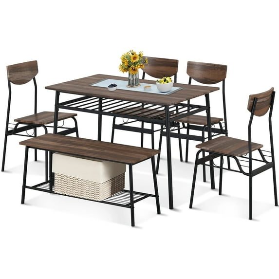 UHOMEPRO 6-Piece Modern Dining Set for Home, Kitchen, Dining Room w/ Storage Rack, Rectangular Table, Bench, 4 Wooden Chairs, Steel Frame - Brown and Black