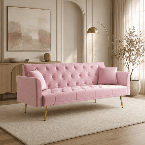 UHOMEPRO 72" Convertible Sleeper Sofa Bed, Pink Tufted Velvet Futon Couch with 3 Position Adjustable Backrest, Modern Loveseat for Small Living Room, Bedroom, Apartment, Office
