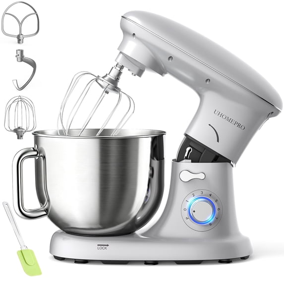 8.5QT Stand Mixer, UHOMEPRO 8-Speed Tilt-Head Kitchen Dough Mixer, 3-in-1 Home Commercial Electric Cake Mixer With Dough Hook, Beater, Egg Whisk, Dishwasher Safe, Silver